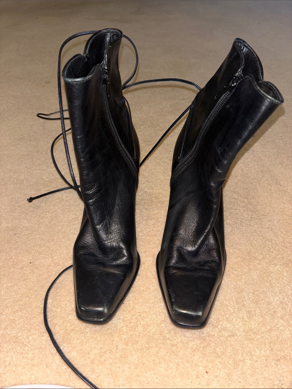 Enzo Angiolini Black Leather Square-Toe tie backAnkle Boots with Side Zip